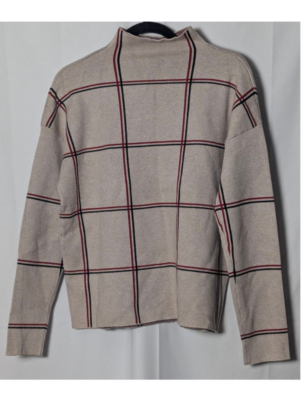 Tahari Beige Plaid Mock Neck Sweater Women’s Large